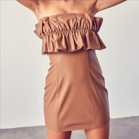 DO+BE Camel Faux Leather Mini Dress Size Medium - Picture 2 of 13